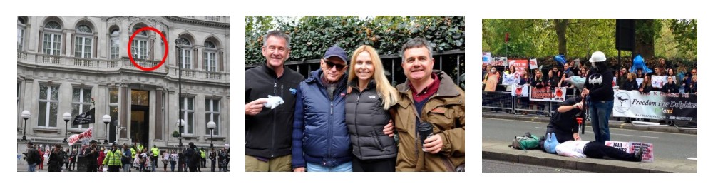 Taiji Cove London Protest October 2015. Anneka Svenska is joined by wildlife presenter Nigel Marven, Dolphin Project's Ric O'barry and Born Free's Dominic Dyer